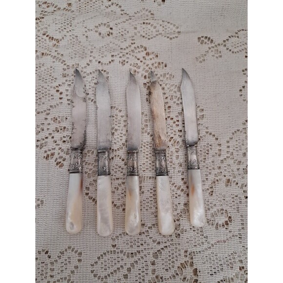 Vtg Lot (5) Landers Frary Clark Mother Pearl Sterling Banded Handle Fruit Knives - Picture 2 of 7